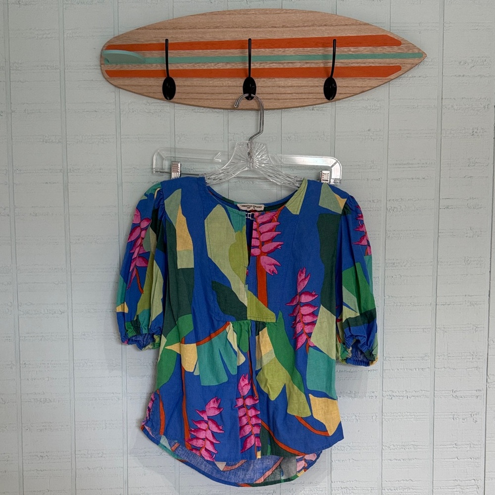 Christian Siriano Blue Tropical Floral Puff-Sleeve Blouse